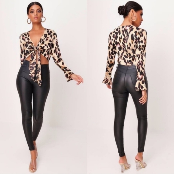 NWT Nasty Gal Brown Leopard Tie Front Flare Top 4 - Picture 1 of 5
